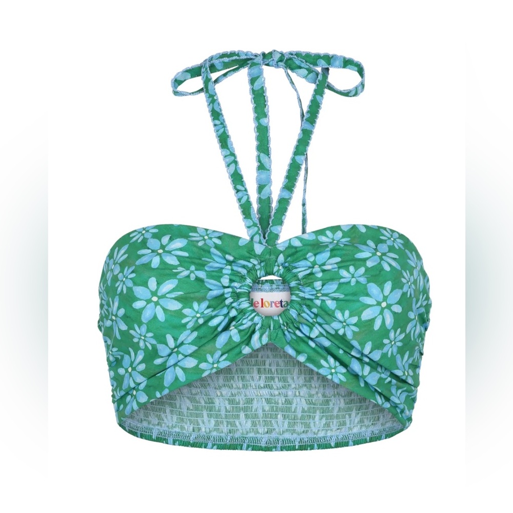 De Loreta Green Floral Print Arroz Print Smocked Bandeau Halter Kantu Top Sz XS
